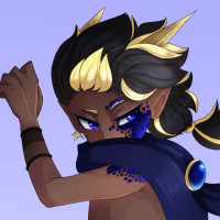 Digital drawing of Valerian. He is a short, thin half dragon humanoid with dark brown skin, dark blue eyes, and dark blue scales along his left eye and shoulder. His hair is black with gold streaks, messy and tied in a low ponytail, and two straight, pale gold horns poke through the top. He is wearing a thick, dark blue scarf held in place with a blue oval gem, and ill-fitting blue pants and brown boots. His pose emphasizes tightness in his muscles and a reserved atmosphere with his hand in a fist near his face, his mouth covered by his scarf.